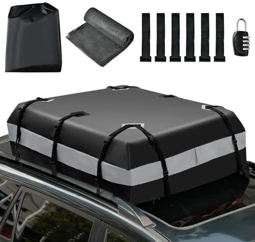 COSTWAY Coffre de Toit Voiture Étanche 424 L avec 10 Sangles 6 Crochets de Porte, Sac à Bagages avec Serrure à Combinaison Tapis Antidérapant Sac de Rangement pour Tous Véhicules (Gris+Noir)