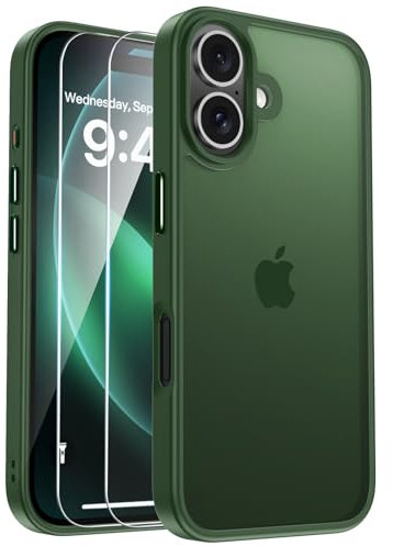 Kmofizle Handyhülle für iPhone 16 Hülle mit Schutzfolie, [Transluzente Matte] Stoßfeste Kratzfeste Schutzhülle, [Anti-Fingerabdruck] rutschfeste Handyhülle iPhone 16 6.1, Grün