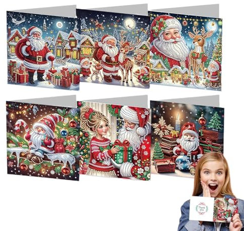 jlceh Gemälde-Grußkarten-Set, Kristallkunst-Postkarten | Weihnachtskarten in leuchtenden Farben, 6 Stück,Faltkarte mit klarem Musterdruck für Weihnachten, Geburtstag, Neujahr