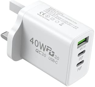HCC TECH 40W 3-Port Multi USB Fast Charger Plug PD & QC3.0, USB-C Wall Charger for Smartphones, Tablets, Headphones