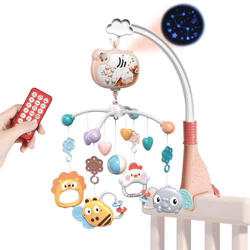 Aolso Móvil Musical para Cuna de Bebé,Colgante Para Cochecito Con Campana,Mando a distancia Móvil de cuna con proyección & Función de tiempo,Bebé Móvil para Cuna,Sonajeros para animales, Conejo-Rosa