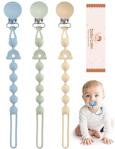 BebeCalin Confezione da 3 catenelle per ciuccio, in silicone, senza BPA, morbida, design flessibile e monoblocco per bambini, mantiene il ciuccio pulito