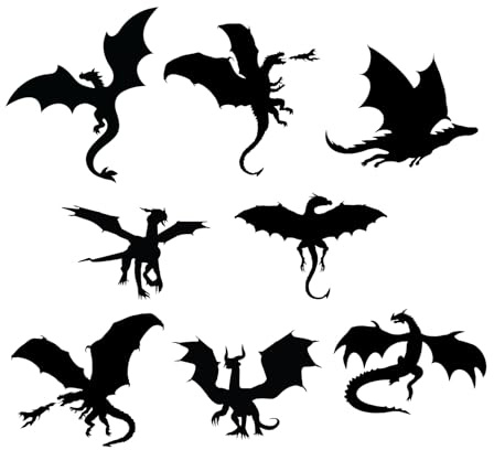 8 Dragon Silhouette Fun Stickers - Waterproof Decals - Scrapbooking, Cars, Water Bottles, Laptops, Fun Gifts (Black, Medium Pack)