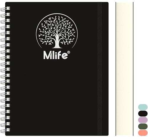 Mlife Notizbuch A4 Liniert, 300Seiten Spiralnotizbuch,PVC-Hardcover mit Lebensbaum-Aufdruck,100g/M² Tintenfestes Papier,Erweiterbare Taschen,Elastische Bänd,für Frauen, Männer,21 * 28cm -Schwarz