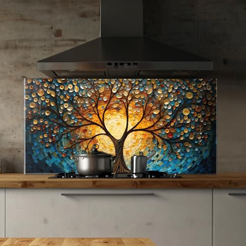 Roggmard Kitchen Backsplash, Stove Back Top Cover, Tree of Life Tempered Glass Splashback Tile, Kitchen Sink Cover Splash Guard, Home Kitchen Decor (30x16''-(76x40cm))