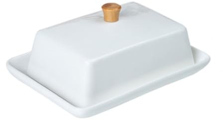 Mantequillera Caja de mantequilla de cerámica Simple de estilo europeo creativo con tapa, plato de mantequilla, plato de mantequilla, plato de aperitivos con mango de madera Mantequera(6 inch)