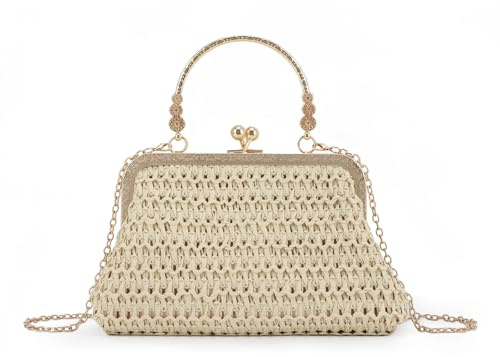 Ynport Crefreak Donna Paglia Retrò Borsa Vintage Summer Woven Top Handle Bag con Kiss Lock Clip e Tracolla a Catena