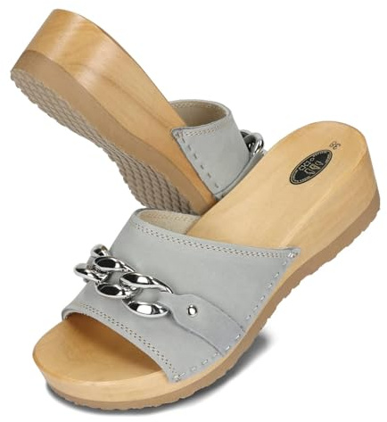 BeComfy Zoccoli in Legno da Donna Catena – Sabot Aperti in Pelle, Scarpe da Giardino, Pantofole, Ciabatte – Taglie 36–41 EU (Grigio Chiaro, Sistema Taglie Calzature EU, Adulto, Numero, Media, 36)