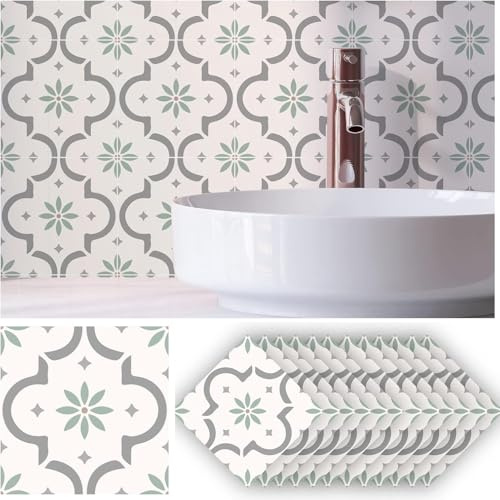 Funlife 12PCS 15X15CM carreau adhesif mural, Fleurs vert clair et blanches credence adhesive pour cuisine Peler et coller, Imperméable stickers carrelage Adapté pour le salon cuisine salle de Bains