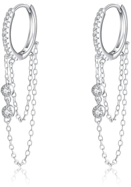 Creolen mit Kette Anhänger, Klein Ohrringe Silber 925 Ketten Hängend,Tropfenohrringe Tragus Piercing mit Kette Verbunden, Hängende Zirkonia Ohrhänger Geschenke für Frauen
