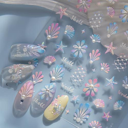 Blau Rosa Perle Seestern Muschel Nagelsticker Sommer Meer Strand Muscheln Nagelaufkleber Marine Ocean Starfish Conch Shell Nail Sticker 5D Geprägte Holographisch Shells Nagel Sticker Nagel Zubehör