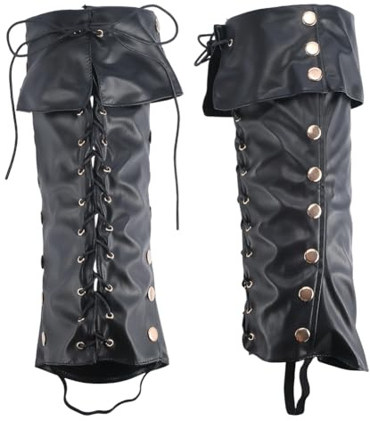GORGECRAFT 2pz Copristivali Medievali in Pelle PU Nera Protezioni per Le Gambe in Similpelle Stivali da Pirata Coprigambe Vintage da Cavaliere Rinascimentale per Halloween Carnevale Guerriero Cosplay