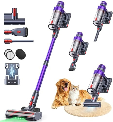 SMOTURE 600W 50KPa Aspirateur Balai sans Fil, 65 Mins Aspirateur sans Fil Puissant avec Brosse Matelas, Charge Murale et Écran LED, Auto Aspirateur Balai pour Poils d’Animaux/Sols Durs/Tapis/Voiture