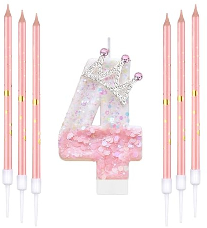 VIKY® Kerze 4 Geburtstag Mädchen - Rosa Glitzer Zahlenkerze mit Krone Design & 6 Zusatzkerzen für Kuchen und Torte als Tortendeko | Geburtstagskerzen Set für Mädchen