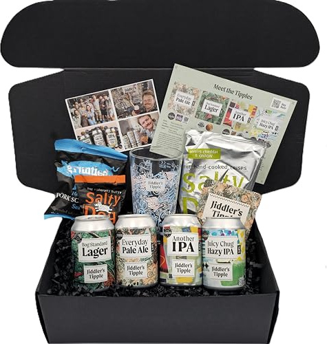 Jiddler's Tipple Craft Beer & Snacks Gift Hamper for Men - The Ultimate Birthday Present - The Best Dad Gifts & Gift Basket for Husband - 9 Pack Gift Hamper Basket | Award winning craft beers with gourmet snacks, pint glass, beer mat, tasting guide and premium gift box for beer lovers.