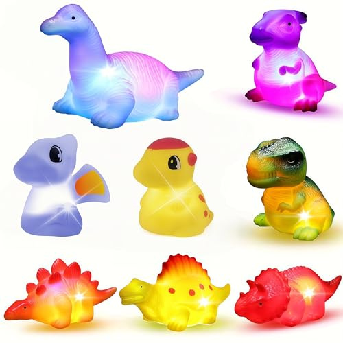 Baby Bath Toys, Toddler Pool Bathtub Water Shower Toys with Colorful Lights, Christmas Birthday Gifts for 1 2 3 Year old Boys Girls(Light Up Dinosaur 8 Pack)