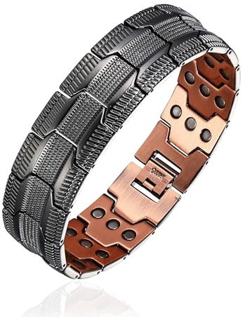 MagEnergy Bracelet magnétique en cuivre à 99,99 % pour homme, avec aimants ultra puissants, bracelet réglable avec outil de retrait et boîte cadeau à bijoux (noir)