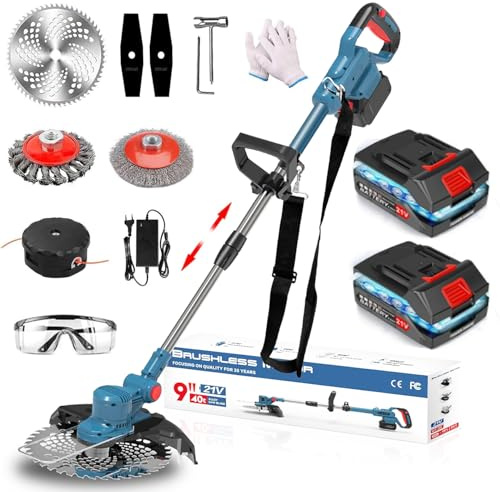 Five liters Tagliaerba con batteria da 21 V, decespugliatore a batteria, decespugliatore con spazzola per erbacce, batteria tagliaerba 4 in 1, manico telescopico per giardino, prato e erbacce, blu