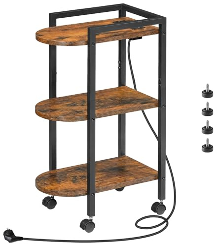 HOOBRO Schmaler Beistelltisch mit Ladestation, Nachttisch mit Rollen | 3-stufiger Couchtisch mit Verstellbare Füße, Für Schlafzimmer und Wohnzimmer, Vintagebraun und Schwarz EBF365CBZ01