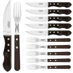 Tramontina Jumbo Steakbesteck,12 teiliges Set, rostfreier Edelstahl, Holzgriff FSC, spülmaschinenfest, für 6 Personen, scharfer Wellenschliff