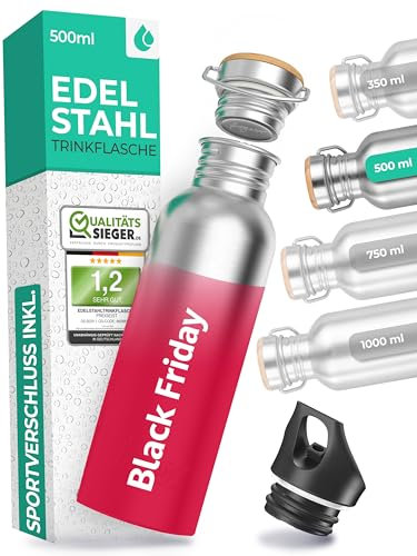 Die Trinkflasche Edelstahl 500ml + EXTRA Sportverschluss, Edelstahl Trinkflasche 750ml, 500ml + 350 ml, Water Bottle, 1l Edelstahl, water bottle, Trinkflasche Spülmaschinenfest 1l