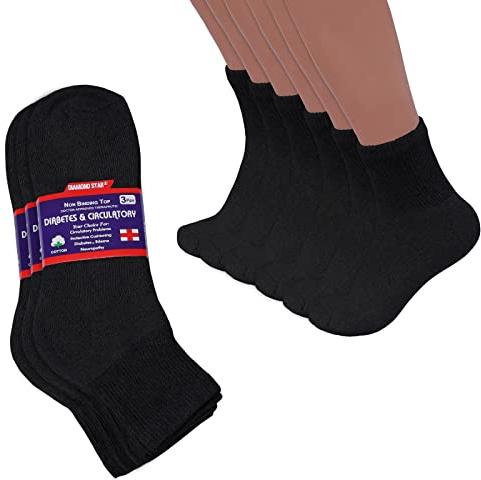 Diamond Star Diabetic Ankle Socks, Non-Binding Circulatory Doctor Approved Cushion Cotton Quarter Socks for Men’s Women’s (12 Pack Black, Big & Tall Men's 13-15 Shoe Size 9-14)