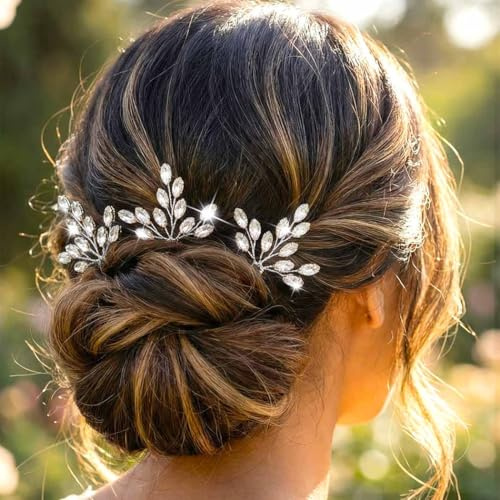 Heread Rhinestone Bride Wedding Hair Pins Crystal Bridal Hair Accessories Hair Pieces for Women and Girls (Pack of 3) (A Silver)