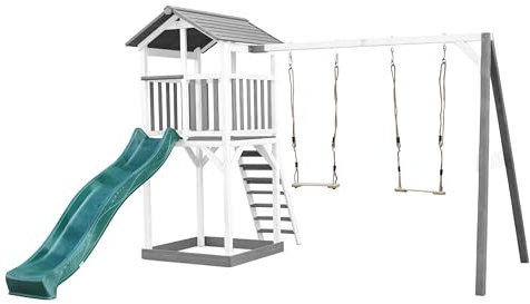 AXI Beach Tower Aire de Jeux avec Toboggan en Vert, 2 Balançoires & Bac à Sable | Grande Maison Enfant extérieur en Gris & Blanc | Cabane de Jeu en Bois FSC