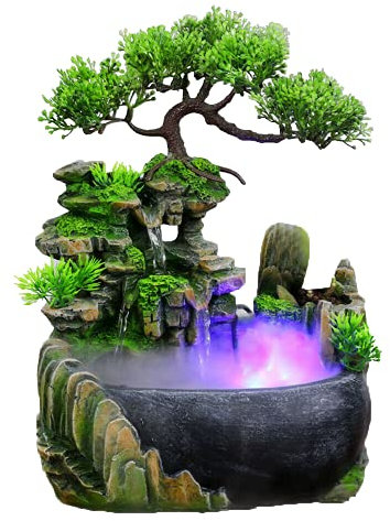 Brunnen Wasserfall Desktop Harz Zimmerbrunnen mit Beleuchtung Tischbrunnen Dekoration 28x20x15 cm für Wohnzimmer, Schlafzimmer
