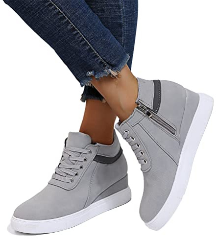 ORANDESIGNE Stivali Donna con Zeppa Plateau Stivaletti,Scarpe da Donna alla Moda Stivali Corti con Zeppa Colorblock Brock con Suola Spessa A Grigio 40 EU