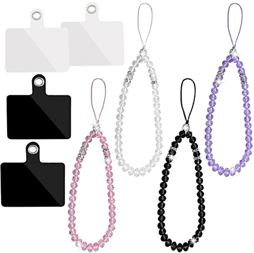 4 färger kristallpärlor mobiltelefon snodd + 4 delar telefon band flik klistermärke dyna, färgglad bling kort hand handled snodd halsband hängande sträng för flicka kvinnor mobil