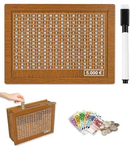 Spardose aus Holz,Sparbox,Spardosen mit Theken,Wiederverwendbare Spardose, für Kinder und Erwachsene Spardose aus Holz,Sparschwein mit Marker.(5000€)