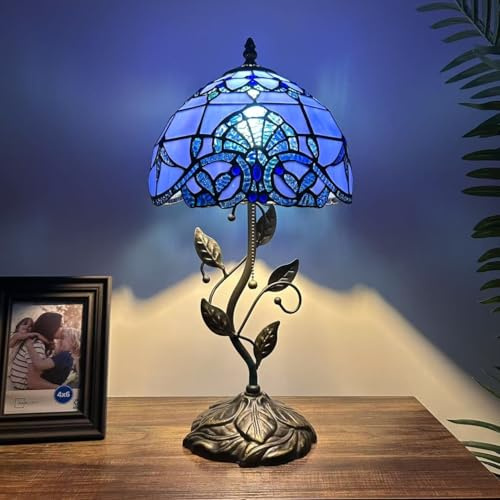 enjoy decor lamps Stained Glass Table Lamp Blue Baroque Style Included LED Bulb for Living Room Bedroom Bedside 10 W*10 D*20 H
