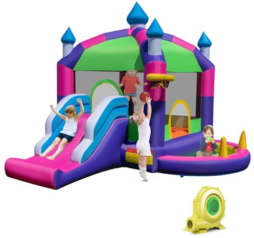 COSTWAY 5 en 1 Castillo Hinchable para Niños, Castillo Hinchable Grande con Tobogán, Soplador de 680W, Techo Sombreado, para Niños 3-10 Años, Insuflavel Criança Interior Exterior, 385 x 332,5 x 300 cm