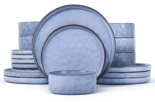 Onader Service de table, 18 pièces en grès, service de table, bols à céréales, assiettes plates et assiettes à dessert, ensemble pour 6 personnes, lave-vaisselle et anti-rayures, bleu serein