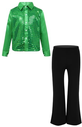 inlzdz Completi Hip Hop Jazz per Bambini Paillettes Button Down Camicia da Danza Classica T-Shirt + Pantalone per Ballo da Sala Danza Standard Latino Americano Verde 9-10 anni