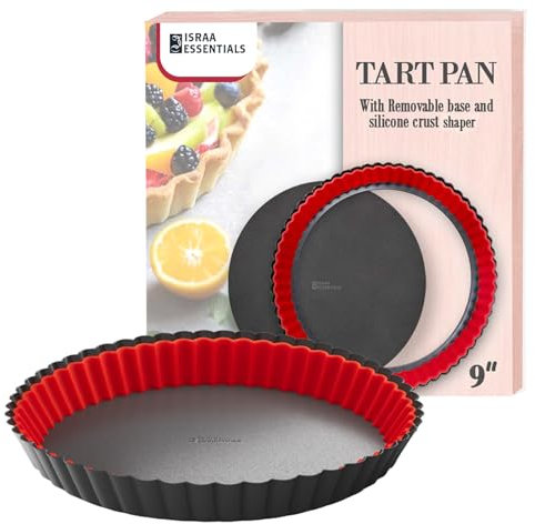 ISRAA ESSENTIALS Fluted Tart Pan 9 inch Removable Bottom-Round Oreo Tart Pan with Crust Shaper Ring-Nonstick Carbon Steel Tart Molds for Baking, Fruit Tart, Pies & Quiche Baking Dish
