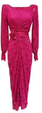 OWEIEYEU Vestidos casuales de encaje con cuello en V para mujer, con fajas, vintage, midi, vestidos largos, fucsia, M