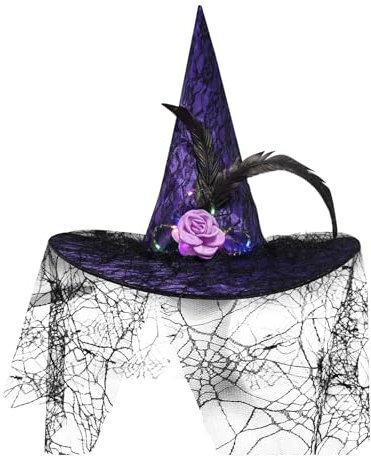 DACONGMING Halloween Frauen Hexenhut Hüte für Frauen Erwachsene eine Seite,Hexenhut für Erwachsene,Halloween Deko,Leuchtender Hexenhut,Kostüm,Hexen-Partyhut (B)
