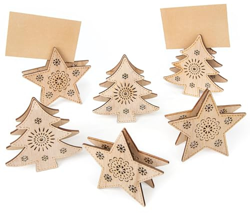 Logbuch-Verlag Weihnachten Tischdeko 6 Tischkartenhalter Sterne + Bäume aus Holz Weihnachtsklammer für Tischkarten & Geldgeschenke 9 cm
