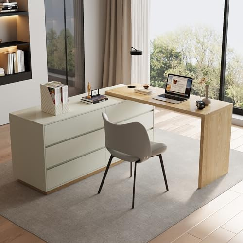 OLEYLUCKLIVE L-förmiger Schreibtisch mit 6 Schubladen, Computertisch mit Verstellbarer Arbeitsstation, Holz Bürotisch mit Multifunktionaler Tischplatte，130cm x 40 cm x 80cm，Beige