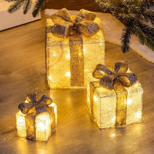 3er Set LED Geschenkboxen mit 6h Timer & Batterie beige/Gold | Weihnachtsbaum Deko Dekoboxen warm weiß beleuchtet - Weihnachten Christmas Decorations Weihnachtsdeko innen