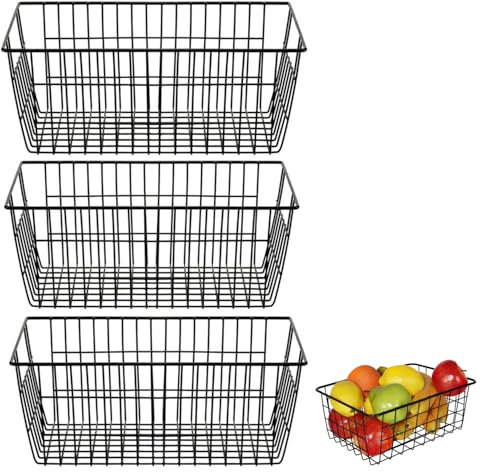 Bhina 3 Pezzi Piccoli Cestini in Filo Cestini Portaoggetti in Filo Metallico con Maniglie Cestini Organizzatori Cestini Portaoggetti per Congelatore, Cucina, Dispensa, Armadi, Bagno, 28x22x12 cm, Nero
