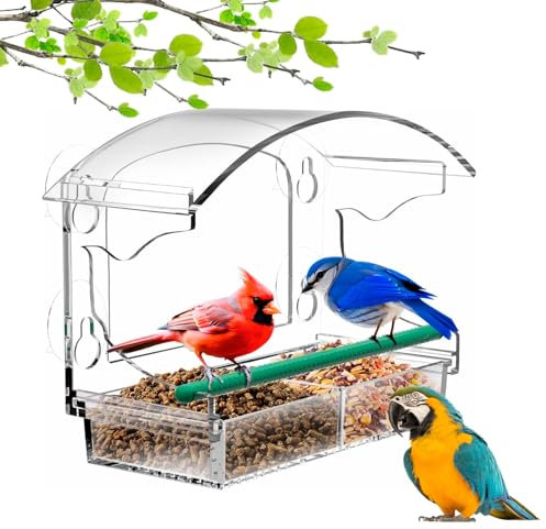 Futterhaus Fenster mit 4 Saugnäpfen 25×18×9.5cm Vogelhaus Fenster mit Entwässerungsloch Abnehmbare Saatschale Transparentes Acryl Vogelfutterhaus Fenster Geschenk für Vogelliebhaber (A)