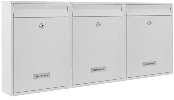Zedelmaier 3er Briefkastenanlage mit personalisierten Namensschildern, Weiß | Robuste 3er Wandbriefkastenanlage fürs Mehrfamilienhaus, je Fach 26 × 35 × 8,5cm, Wunsch-Namensschilder, DIN C4, 4 Schlüssel
