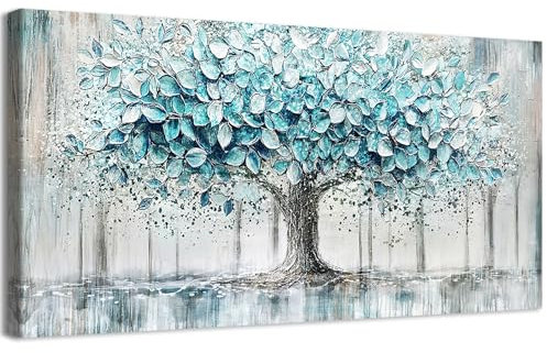 Wooden Framed Large Canvas Wall Art Teal Blue Tree of Life Painting Abstract Large Panoramic Landscape Canvas Prints Pictures for Living Room Bedroom Home Office Wall Decorations 50x100cm/20x40 inch