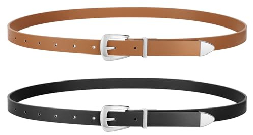 WERFORU 2 stycken skinny damläderbälte för klänningar tunt midjebälte för jeansbyxor, D-svart + brun, Fit Taillengröße 105-115cm