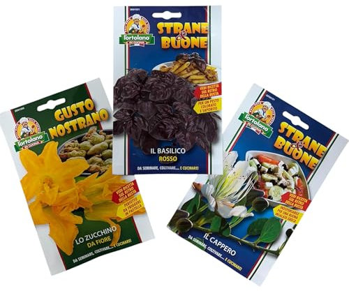 L'ORTOLANO-OFFERTA- 3 BUSTE Di Semi Da Piantare-Zucchino Da Fiore, Basilico Rosso, Cappero. Sementi Selezionate e di Alta Qualità.