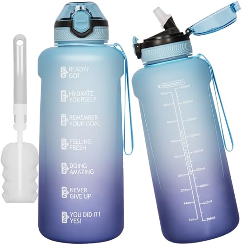 DEARRAY 2l / 2 litres Tritan Sport Gourde Graduée avec Paille et Marqueur de Temps de Motivation, 2000ml Grande Bouteille sans BPA eau pour Fitness, Gym, Randonnée,Voyage