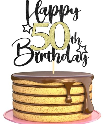 Sotpot 50th Birthday Cake Topper Black Gold Glitter Star 1 Pack Happy Birthday Cake Decorations for 50th Birthday Party Supplies